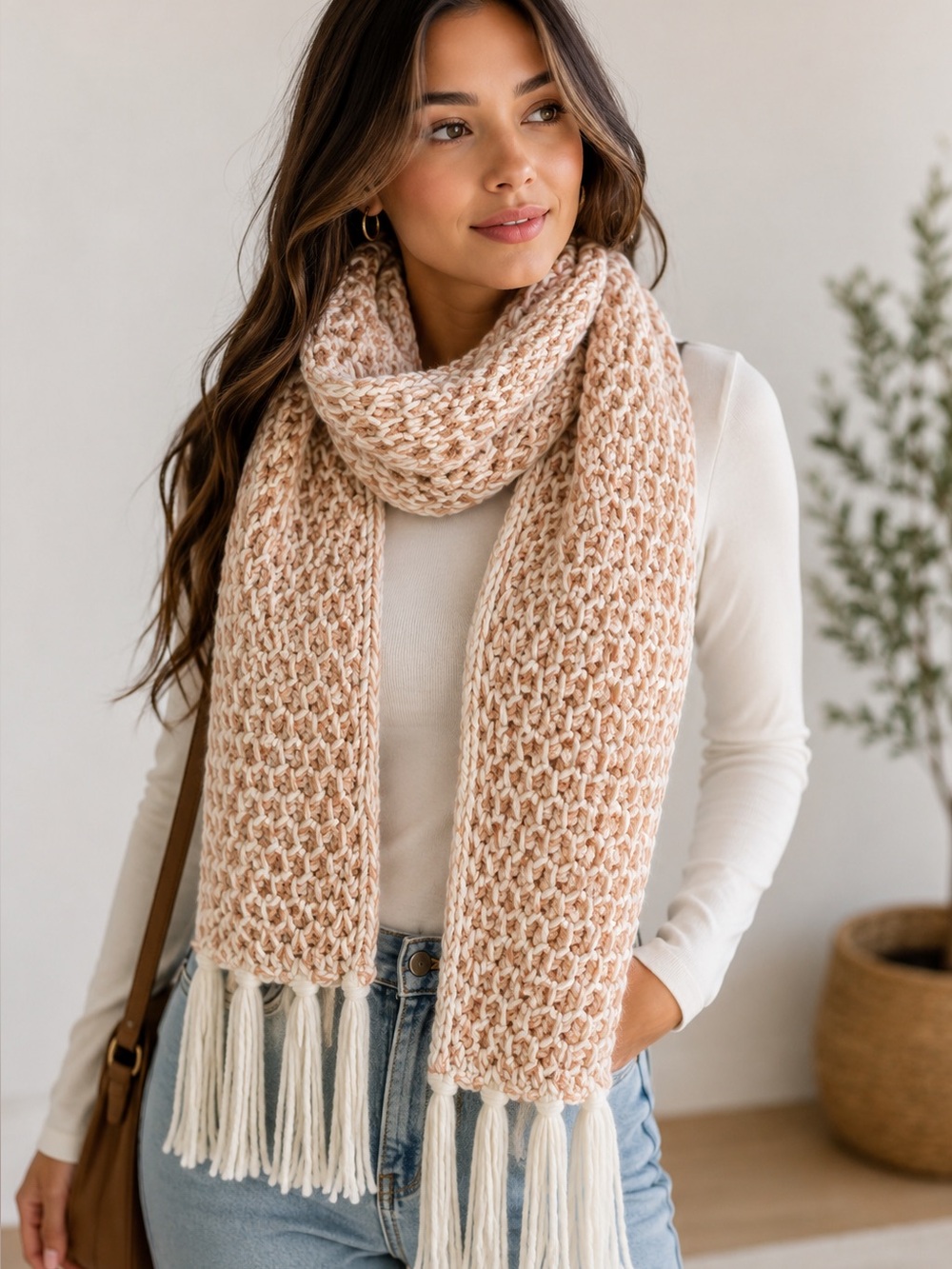 Black Rivet Chunky Knit Scarf Pink White Cream Metallic Thread with Fringe